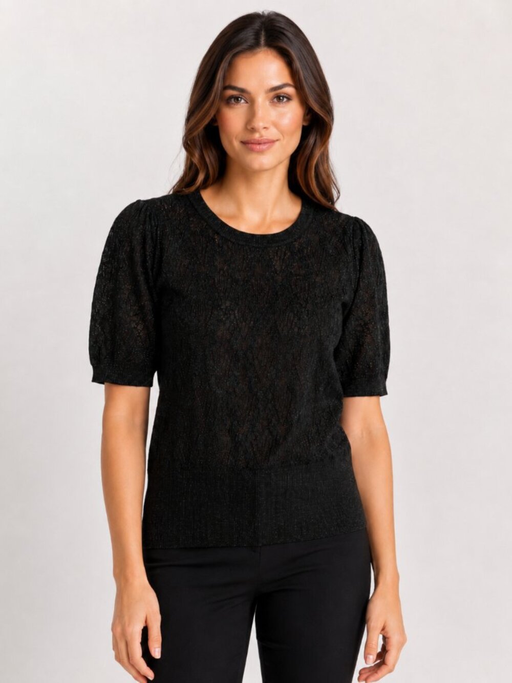 NWT Adrianna Papell Black Metallic Lace Knit Puff Sleeve Sweater Top Size S